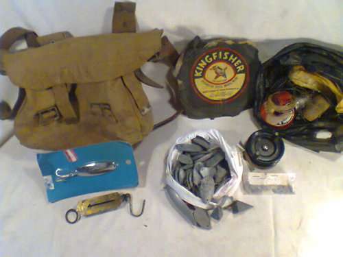 Old Fisher Man's Vintage Rucksack with old real, 3Kg lead weights,Wire & Pocket Scales bits & pieces