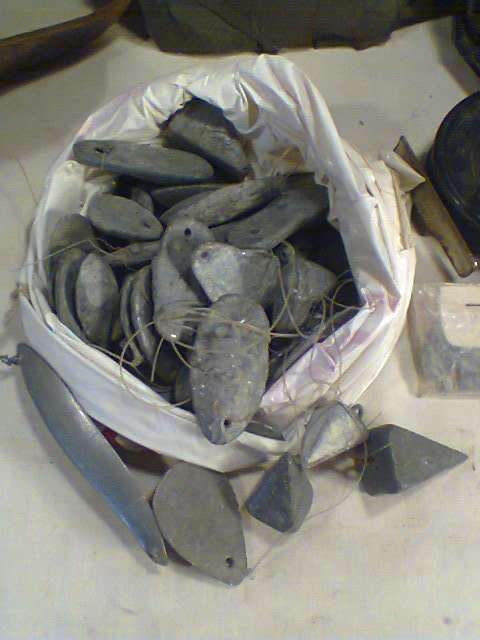 Old Fisher Man's Vintage Rucksack with old real, 3Kg lead weights,Wire & Pocket Scales bits & pieces