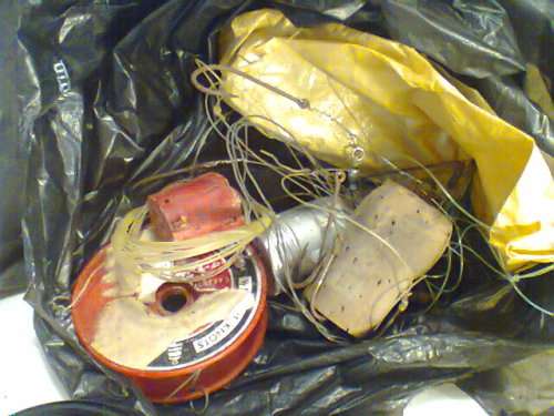 Old Fisher Man's Vintage Rucksack with old real, 3Kg lead weights,Wire & Pocket Scales bits & pieces