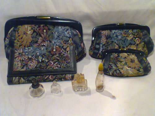 WoW a set of never been used Hand Bag & different purses with 4 Old scent bottles from Paris Exctra.
