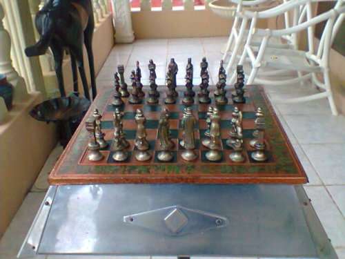 For the Collector. A Very Old Copper Board from Greece with full Metal Chess Men on a metal Plinth.