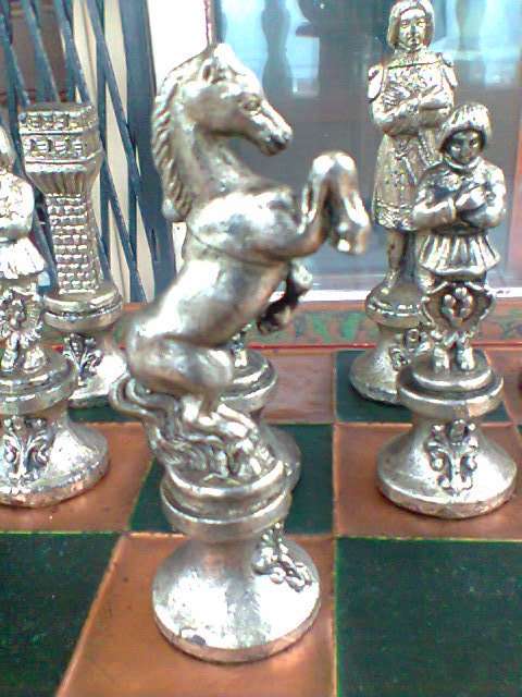 For the Collector. A Very Old Copper Board from Greece with full Metal Chess Men on a metal Plinth.