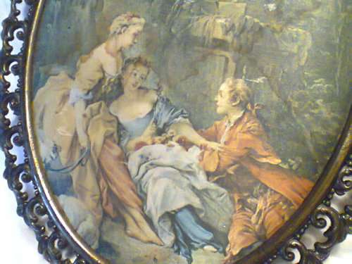 Awesome 2 Pewter Frames, Boy Blue with convexed Glass+3 Victorian Ladies silk cloth slightly damaged