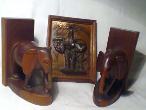 Vintage Stink Wood Elephant Bookends & Copper plaque by John Louw, in good used s/hand condition.