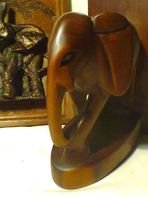 Vintage Stink Wood Elephant Bookends & Copper plaque by John Louw, in good used s/hand condition.