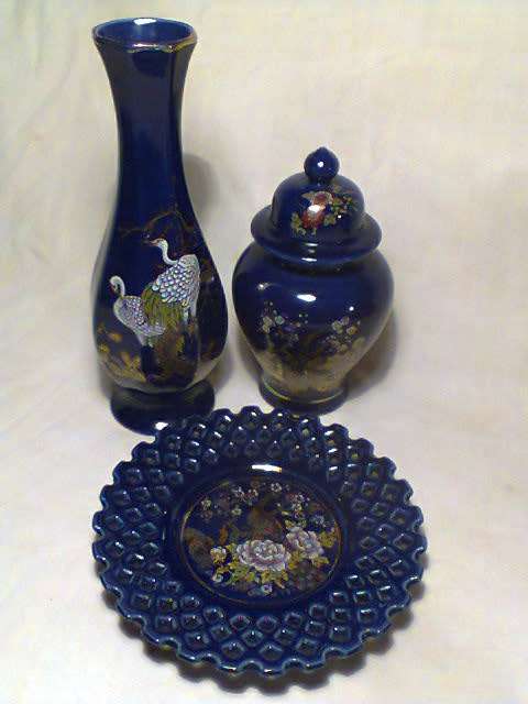 3 Cobalt Blue Porcelain Items For the collector. A Vase + Ginger Jar & Pin tray. In S/H used Order.