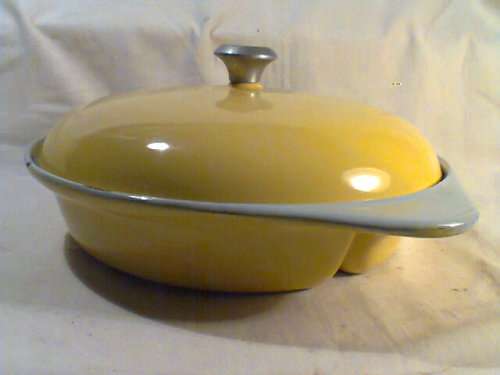 A 1950's Vintage 3 division Cast Iron & Enamel serving Lidded pot in yellow/pale blue 320mm x 250mm