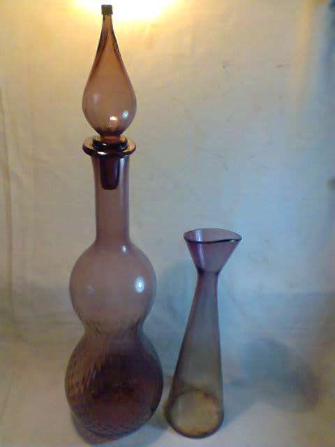 2 Vintage Purple Collectible Glass Items. A Vase & Large condiment Bottle Bulbous shape.