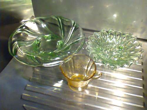 Three vintage Canaveral Glass Items. Large Green Fruit bowl, smaller green bowl, Amber Milk Jug