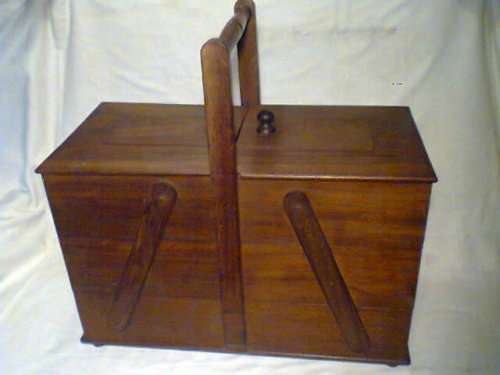 1940's Large/Heavy 3 tier Sewing Basket with carrying handle.The ideal gift Solid teak or oak wood.