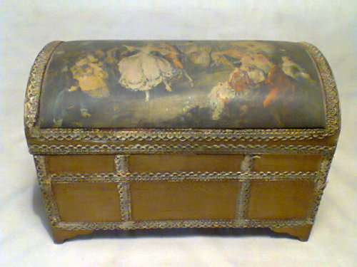 A Vintage Musical Jewellery Box with a Victorian seanary motif on the lid . Good s/hand condition