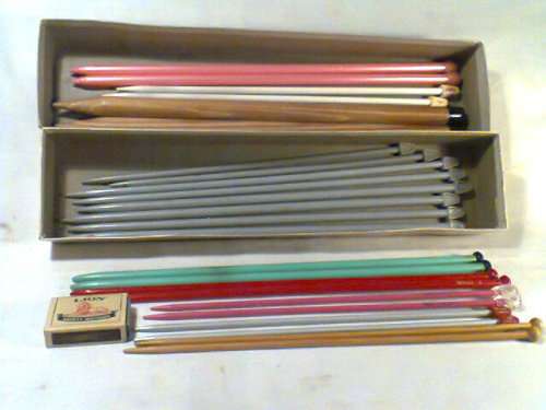 A Vintage Box of Knitting Needles.Some from 1930's & WW11, Durex, Perl Inox, JMRA, Monica Wood.