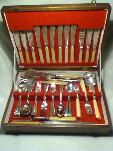 Bone Handle 6 Mappin & Webb Knives,6 Forks + 6 x Hall marked"RG&S"Knives + Nickel Silver 10"Sipelia"