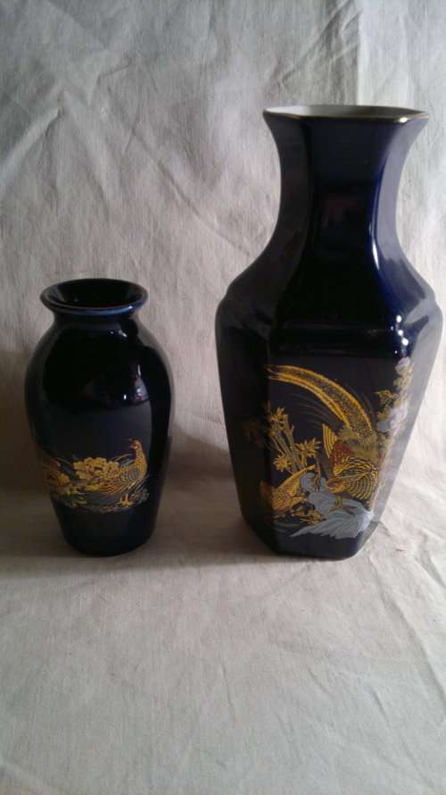 Wow 2 x Cobalt Blue Items. One with Makers Stamp.A Gold Gilt with Peacocks. All in good used Order