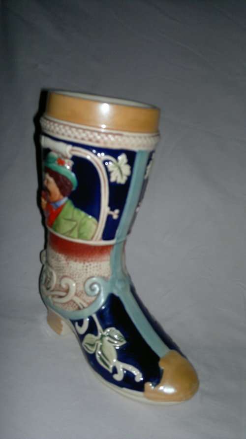 2 x Man Cave collectible's.A West German ceramic Grez boot Stein, 2 Liter Foot long boot Beer glass.