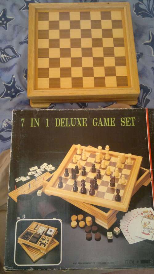Ideal for lock down 7 in 1 Delux Game Set, Wooden Chess set. Domino's. Cards Excetra all in one box.