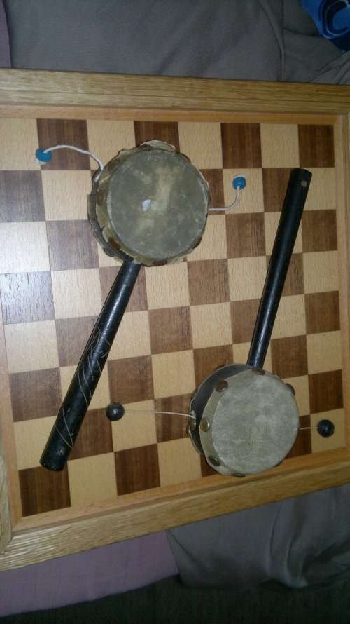 2 x Tibetan Tambourines,bead`s and genui skin intact.Ideal to display in the Man Cave.