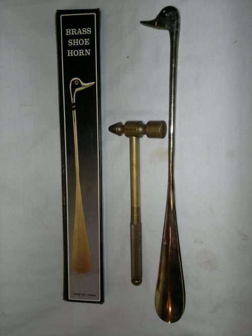 A Unusual Lot of 2 Brass items. A Shoe Horn + a Multi Screw Driver,Hammer set. All in used condition