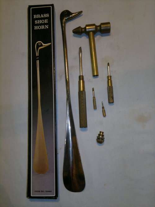 A Unusual Lot of 2 Brass items. A Shoe Horn + a Multi Screw Driver,Hammer set. All in used condition
