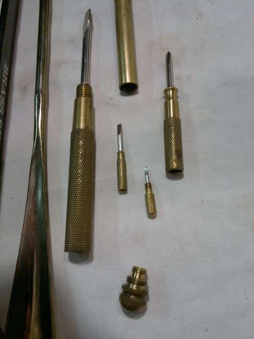 A Unusual Lot of 2 Brass items. A Shoe Horn + a Multi Screw Driver,Hammer set. All in used condition