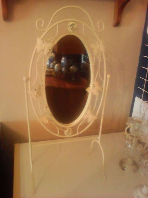 Dressing swivel Butterfly Mirror 2 Vintage Wall mount & 2 standing steel Candlesticks with droplets.