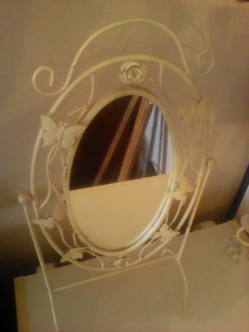 Dressing swivel Butterfly Mirror 2 Vintage Wall mount & 2 standing steel Candlesticks with droplets.