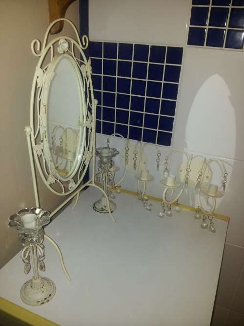 Dressing swivel Butterfly Mirror 2 Vintage Wall mount & 2 standing steel Candlesticks with droplets.