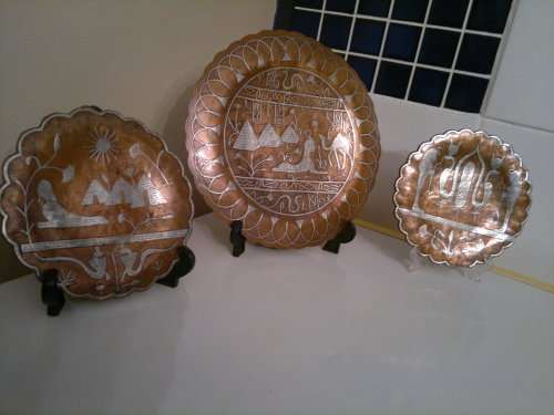 3 x Egyptian silver inlay on heavy copper wall plaques. Large size: 245mm.Small one size 160mm