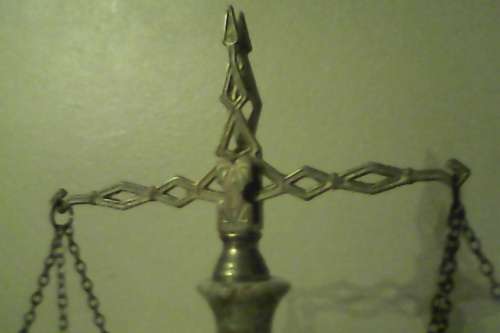 A Rare Vintage  ` Balance Scales of Justice `  Green Onyx and Brass. Size:300mm Tall. In good order.