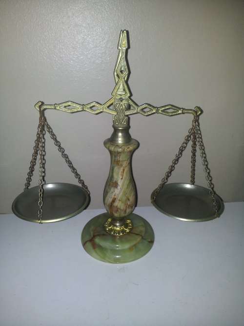 A Rare Vintage  ` Balance Scales of Justice `  Green Onyx and Brass. Size:300mm Tall. In good order.