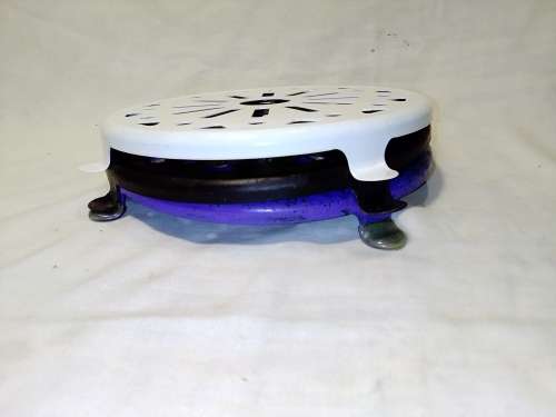 Three old Kitchen Trivets.Two enamel blue plus White and the other brown metal.In good condition.