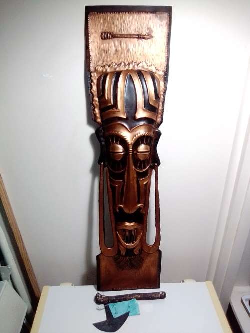 Hand made.Scarce African Ceremonial Heavy Copper Mask wall hanging and a `Cikwese` chopper.