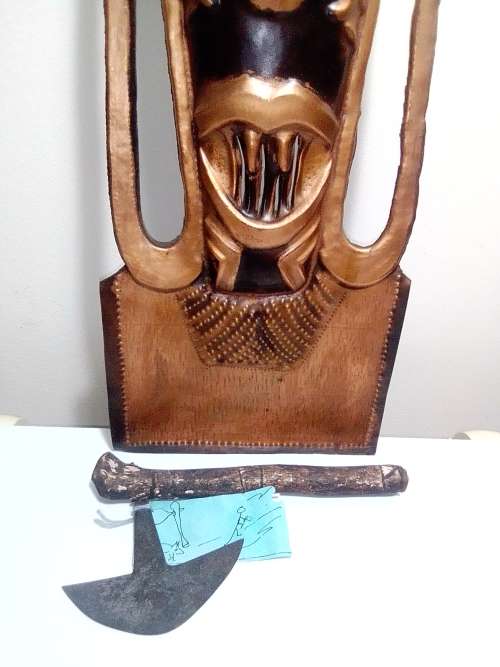 Hand made.Scarce African Ceremonial Heavy Copper Mask wall hanging and a `Cikwese` chopper.