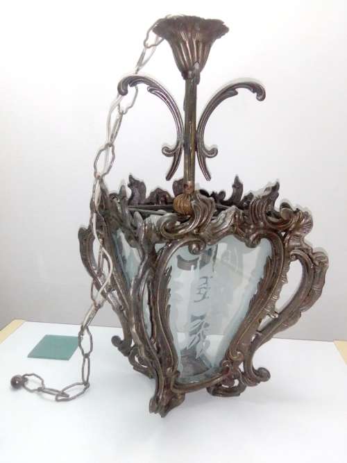Old 1930`s heavy brass hanging Venetian entrains hall lamp with Rose motifs on glass panels.