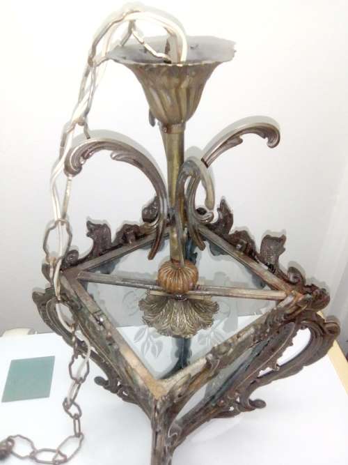 Old 1930`s heavy brass hanging Venetian entrains hall lamp with Rose motifs on glass panels.