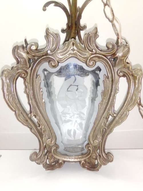 Old 1930`s heavy brass hanging Venetian entrains hall lamp with Rose motifs on glass panels.