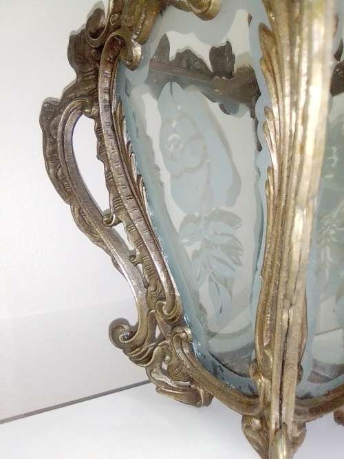 Old 1930`s heavy brass hanging Venetian entrains hall lamp with Rose motifs on glass panels.