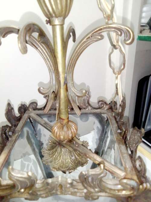 Old 1930`s heavy brass hanging Venetian entrains hall lamp with Rose motifs on glass panels.
