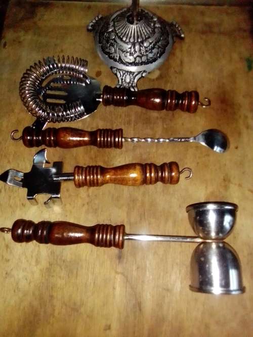 Wow 3 Items. 1950's Soda Syphon silver wire bottle. Ice crusher. Old Knight bar accessories