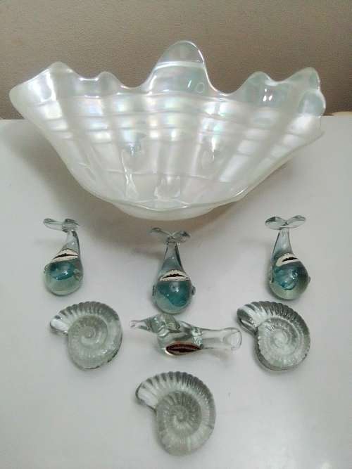 Large Glass Shell filled with NGWENYA glass Swaziland ornaments.Whales are special, Blue flack.
