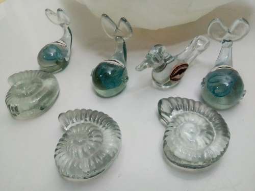 Large Glass Shell filled with NGWENYA glass Swaziland ornaments.Whales are special, Blue flack.