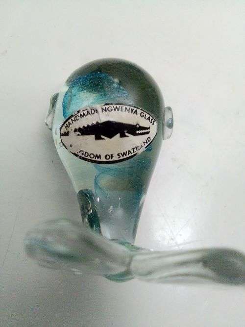 Large Glass Shell filled with NGWENYA glass Swaziland ornaments.Whales are special, Blue flack.