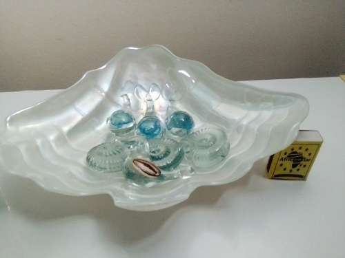 Large Glass Shell filled with NGWENYA glass Swaziland ornaments.Whales are special, Blue flack.
