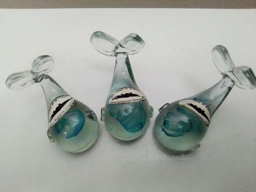 Large Glass Shell filled with NGWENYA glass Swaziland ornaments.Whales are special, Blue flack.