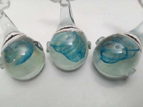 Large Glass Shell filled with NGWENYA glass Swaziland ornaments.Whales are special, Blue flack.