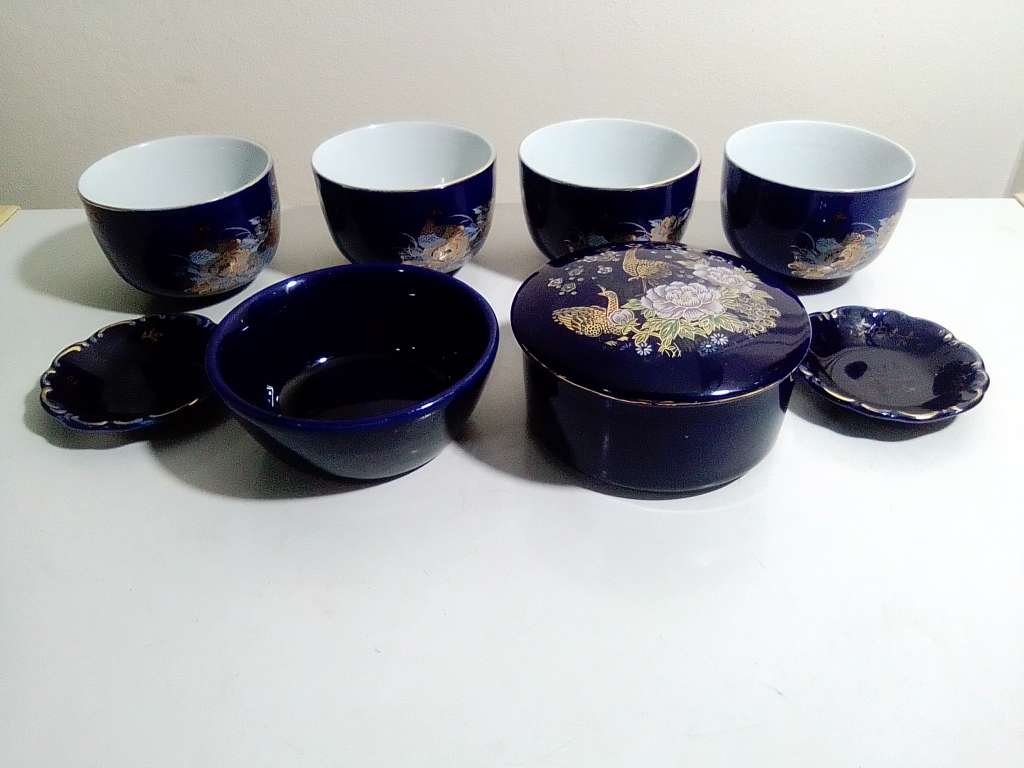 Cobalt blue porcelain, 4 x Sencha Cups, Trinket Box & bowl, 2 Lindner Kueps Bavaria Germany Saucers.