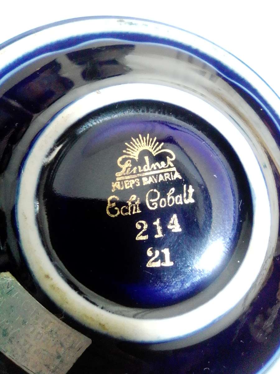 Cobalt blue porcelain, 4 x Sencha Cups, Trinket Box & bowl, 2 Lindner Kueps Bavaria Germany Saucers.