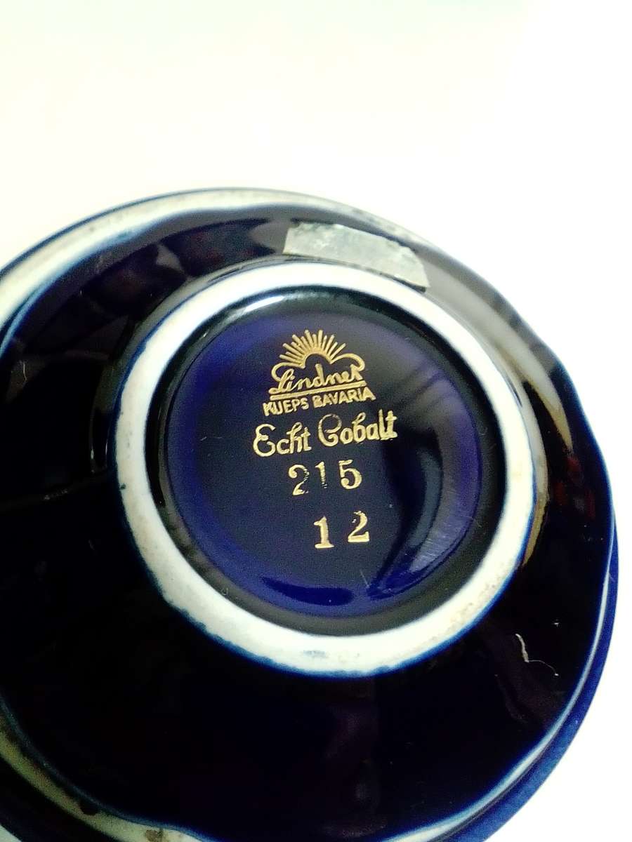 Cobalt blue porcelain, 4 x Sencha Cups, Trinket Box & bowl, 2 Lindner Kueps Bavaria Germany Saucers.