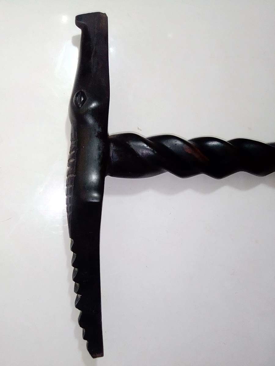 Vintage Hand-Carved Sese Wood Crocodile Walking Stick from Ghana, `Crocodile Companion`