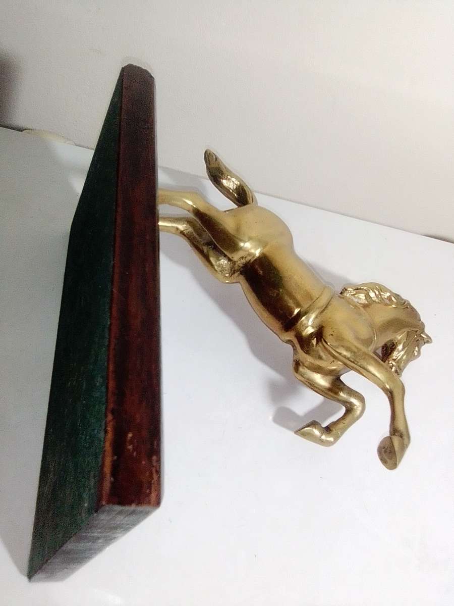 A Old very heavy 2.6Kg Brass Stallion rearing up on wood stand. A Impressive solid Brass horse.